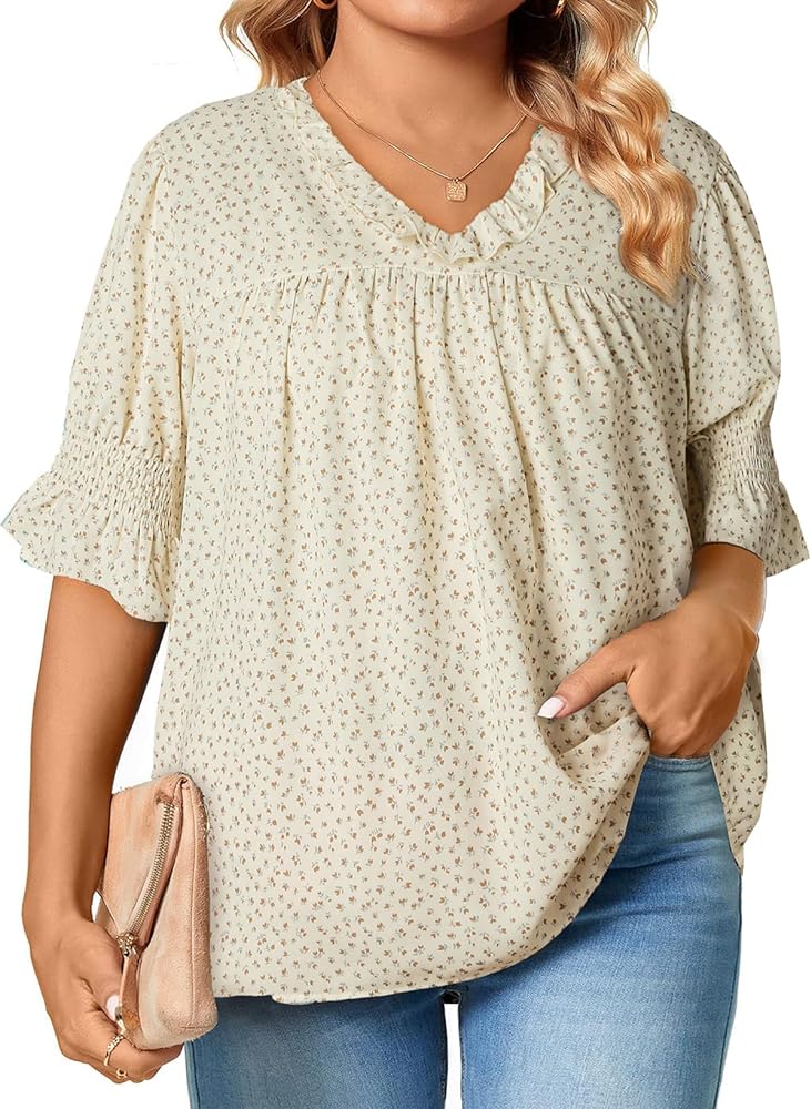 Eytino Womens Plus Size Floral Print Blouses V Neck Ruffle Flowy Short Sleeve Shirts Babydoll Casual Tunic Tops(1X-5X)