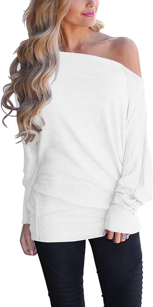 Poetsky Women's Off Shoulder Long Sleeve Tunic Tops Loose Casual Oversized Shirts Blouses