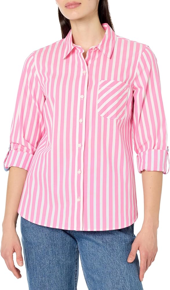 Nautica Women's Button Front Long Sleeve Roll Tab Shirt