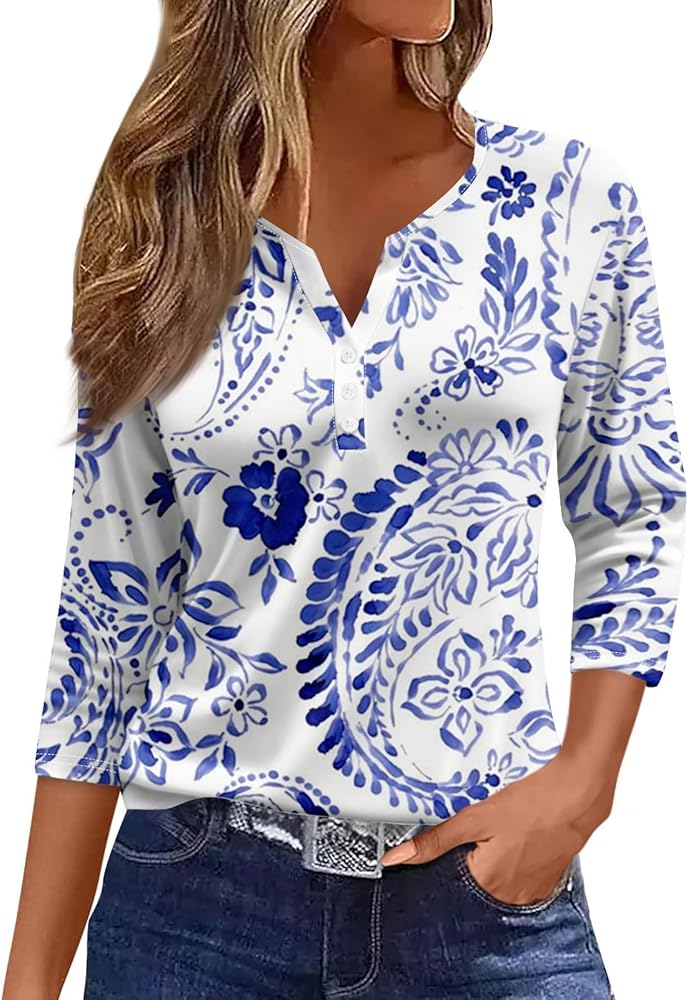 3/4 Length Sleeve Womens Tops Casual Trendy Henley Neck Button Down Shirts Three Quarter Length Sleeve Tunic Blouses