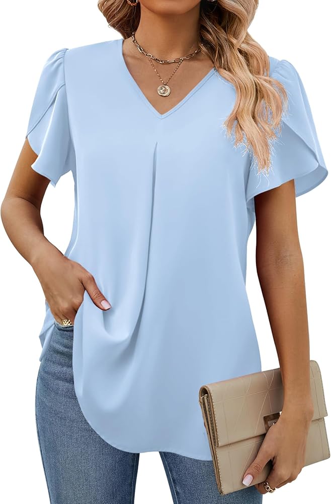 Funlingo Women's Summer Tops Short Sleeve Dressy Chiffon Blouses V Neck Work Tunic Tops Casual Loose T-Shirts