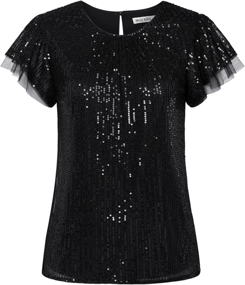 GRACE KARIN Women's Sparkly Sequin Tops Short Sleeve Glitter Dressy Blouses Round Neck Club Ruffle Party Tops