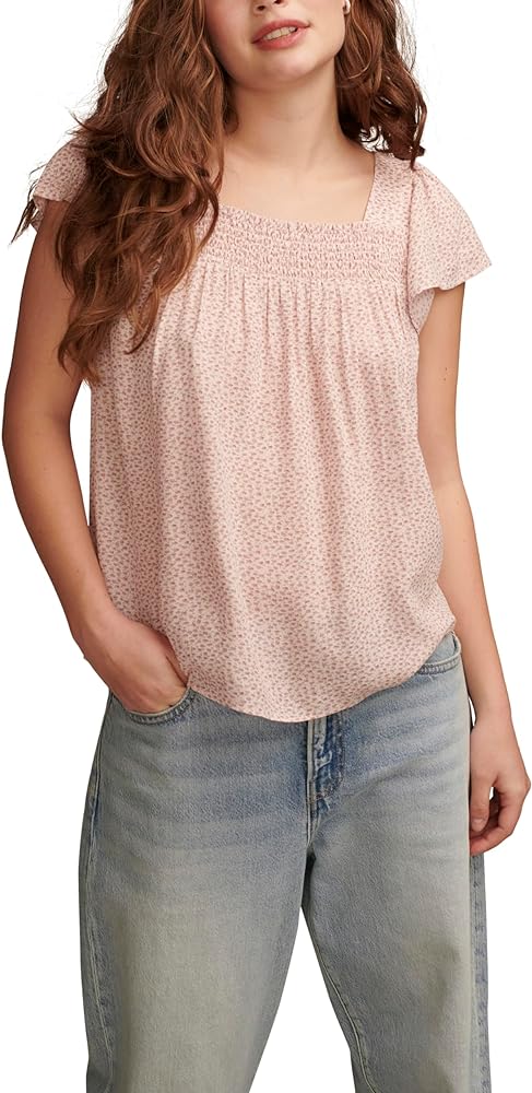 Lucky Brand Women's Smocked Neck Flutter SLV Top