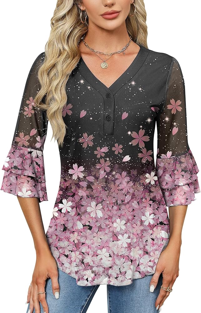 Rapbin Women Dressy Blouse 3/4 Sleeve Tiered Bell Sleeve Double Layers Mesh Shirt Trendy Flowy Tunic