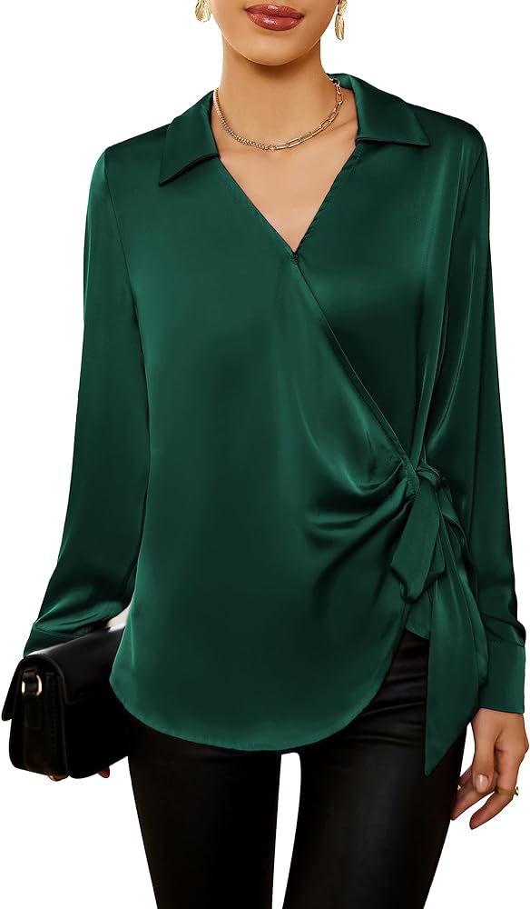 GRACE KARIN Women's Satin Silk Blouses Wrap V Neck Shirts Long Sleeve Elegant Tie Waist Office Work Tunic Tops