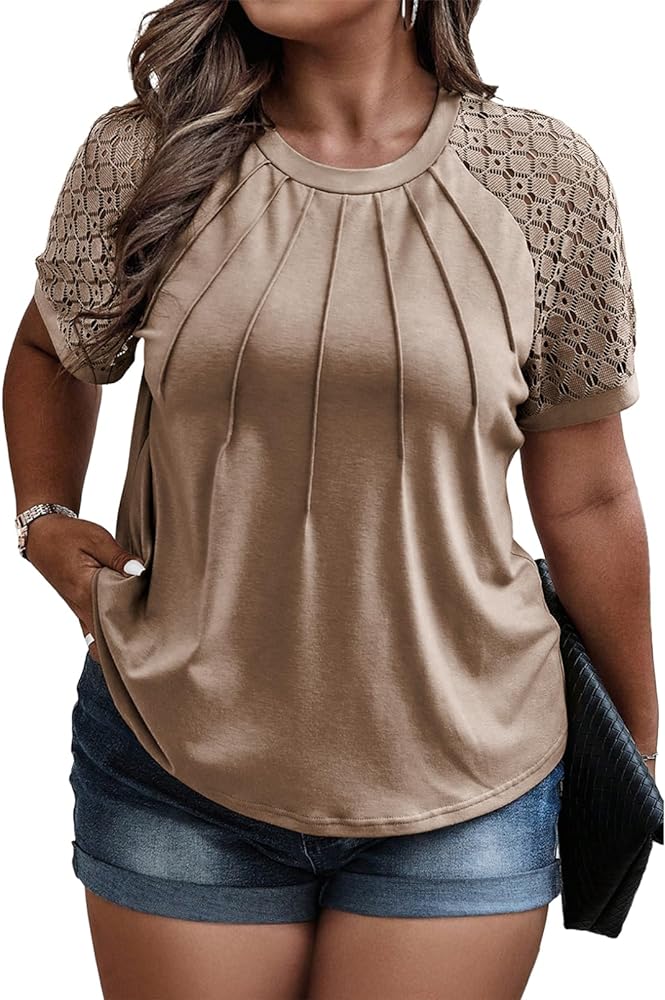 Eytino Plus Size Tops for Women Summer Lace Short Sleeve Crewneck Loose Casual Blouse Tunic T Shirts(1X-5X)