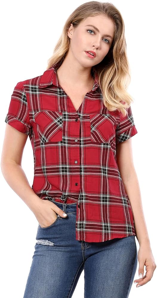 Allegra K Women's Cotton Classic Button Down Western Plaid Shirt