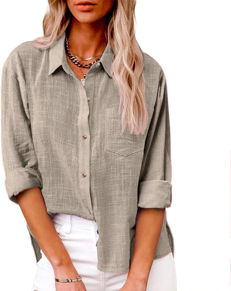 Linen Shirts for Women Button down Tshirt Dressy Casual Gauze Blouses Comfy Lightweight Long Sleeve Shirts Fall Tops