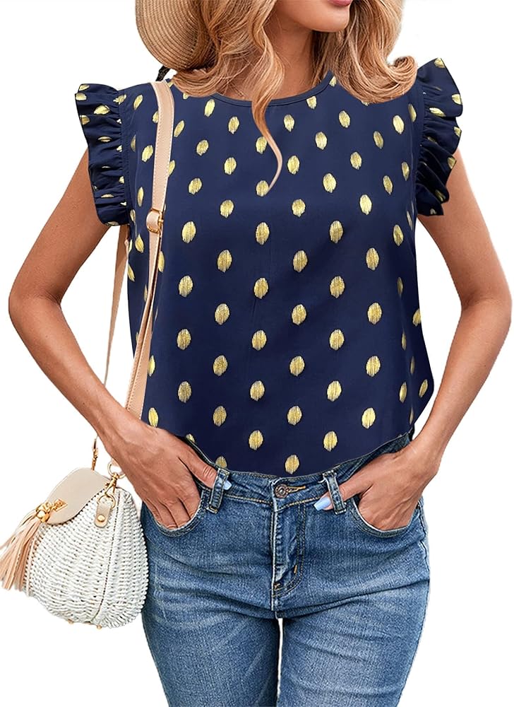 Avanova Women's Gold Dot Print Ruffle Cap Sleeve Shirt Elegant Frill Trim Crewneck Work Blouse Top