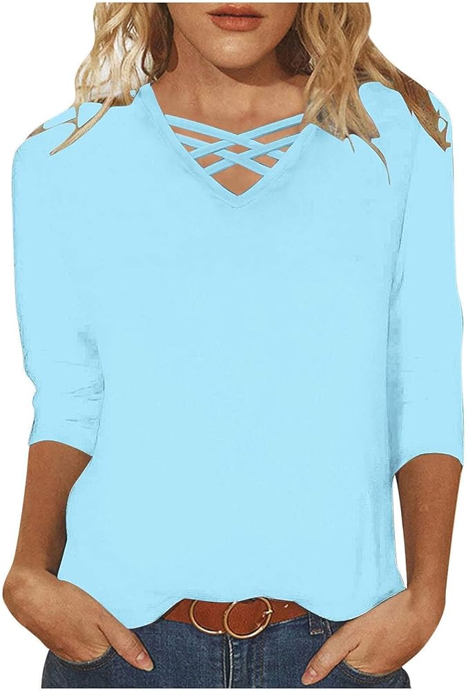 DASAYO 3/4 Length Sleeve T Shirts for Women Criss Cross V Neck Tops Summer Casual Solid Color Blouses Spring Fashion 2024