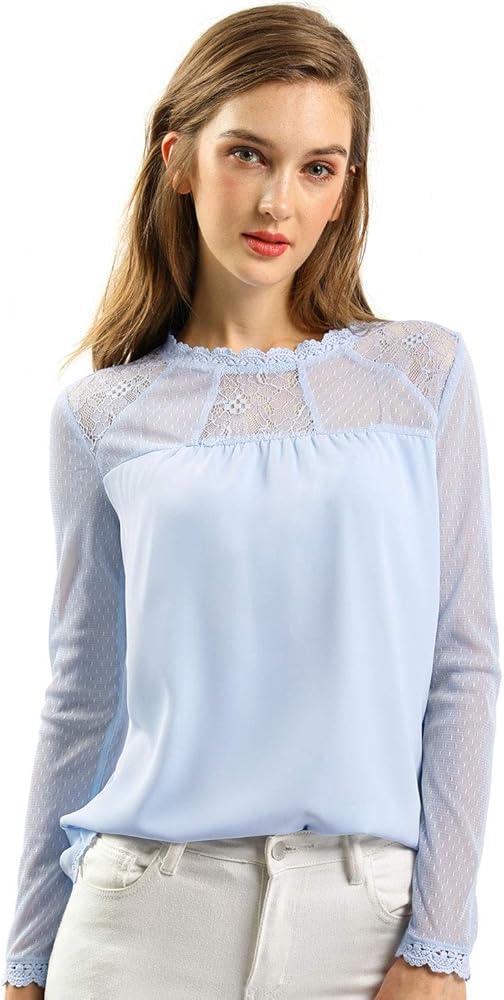 Allegra K Women's Lace Floral Semi Sheer Long Sleeve Lacy Trim Dressy Casual Elegant Chiffon Blouse