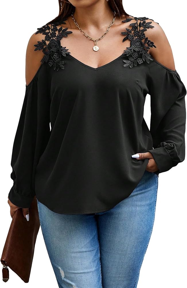 SOLY HUX Women's Plus Size Contrast Lace Appliques Blouse Cold Shoulder Long Sleeve Tops