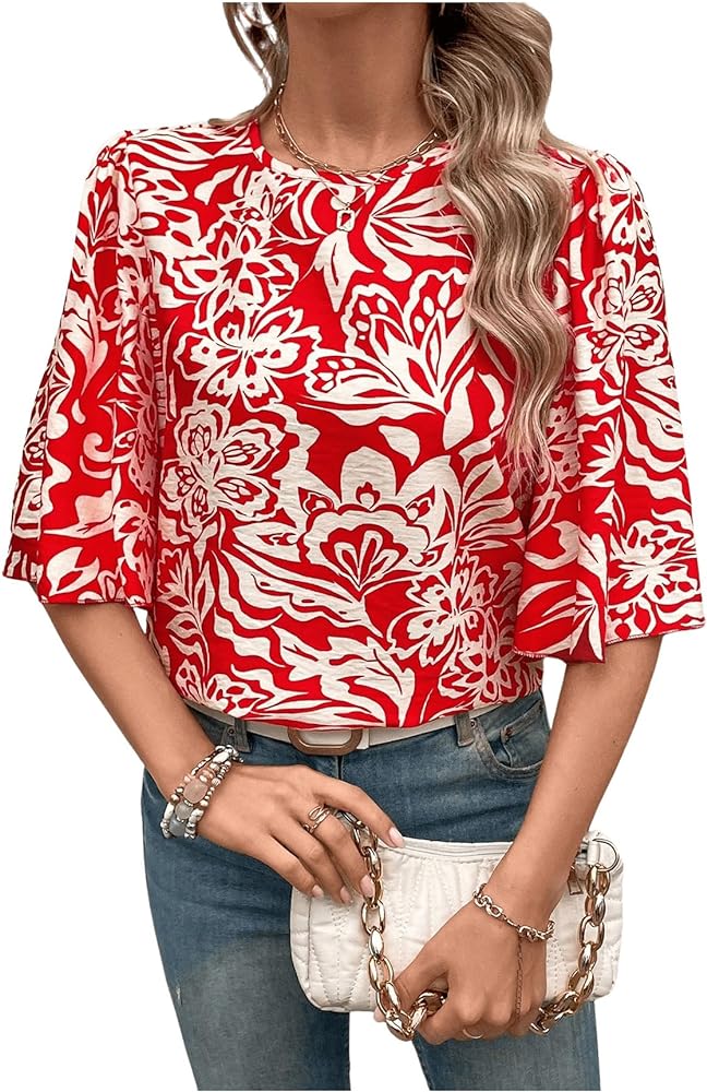 SOLY HUX Women's Floral Print Blouse Ruffle Half Sleeve Round Neck Summer Tops