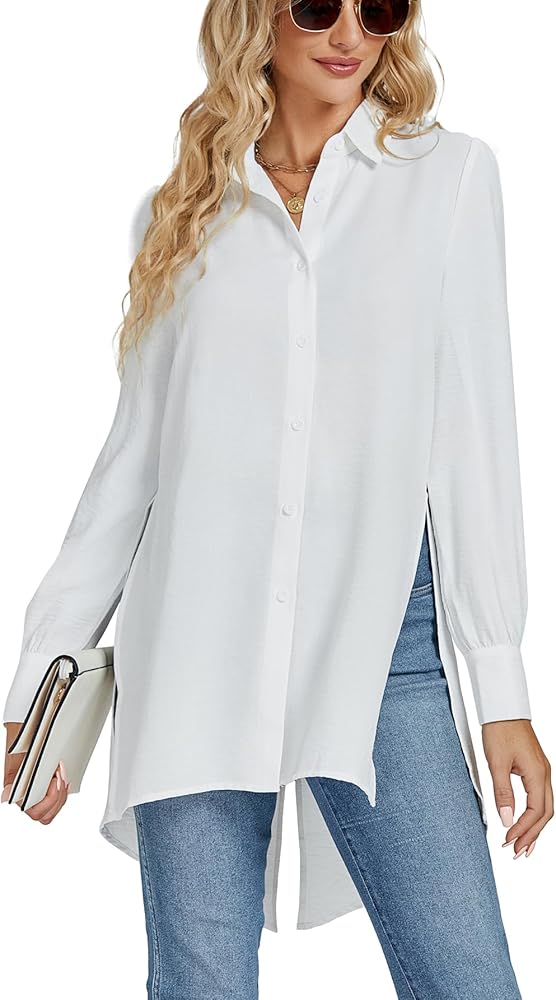 LYANER Women's Collar V Neck Split Hem Button Front Long Sleeve Long Shirt Blouses Tunic Top