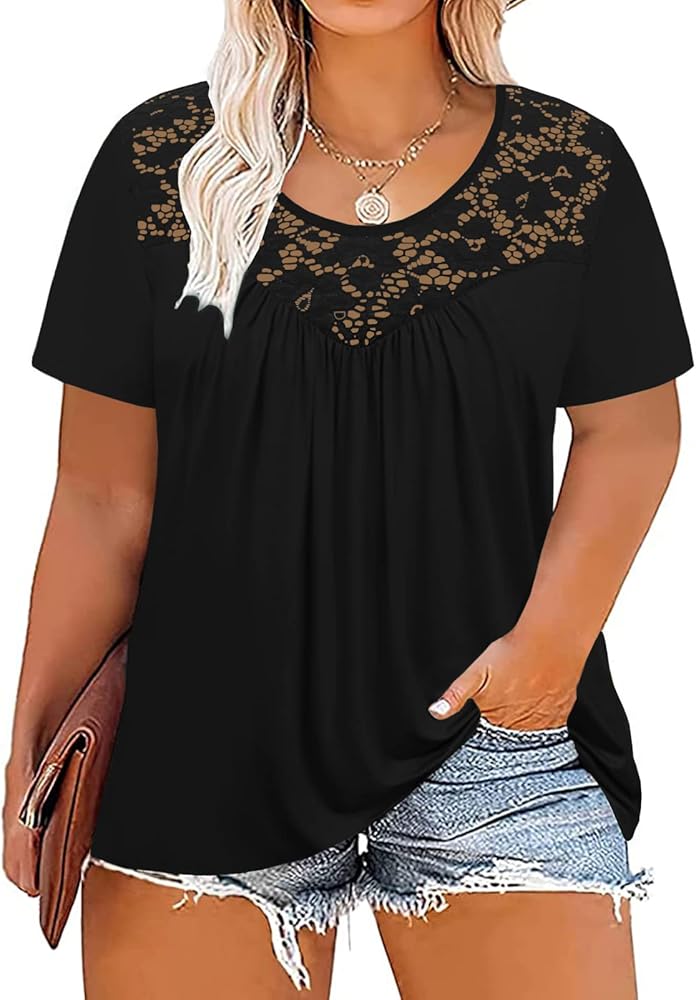 VISLILY Women's-Plus-Size-Tops Summer Lace Tee Shirts Short Sleeve Tunics Flowy Pleated Blouses XL-4XL