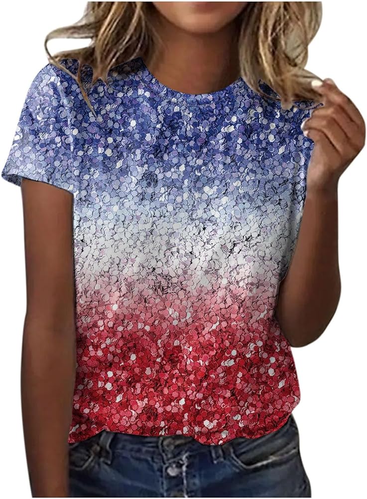 4Th of July Top for Women Short Sleeve Round Neck Blouse Fashion Casual Dressy Tees American Flag Top Patriotic Shirt