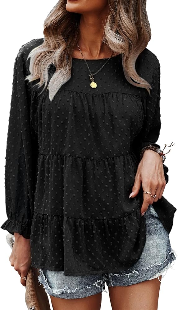 PRETTYGARDEN Women's Summer Loose Chiffon Blouse Mesh Long Sleeve Casual Round Neck Peplum Tops