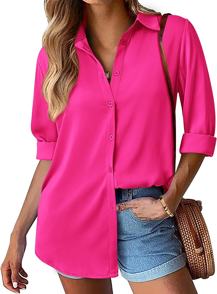 BTFBM Women's Satin Button Down Shirts Roll Up Long Sleeve Lapel V Neck Loose Casual Work Summer Spring Blouse Tops 2024