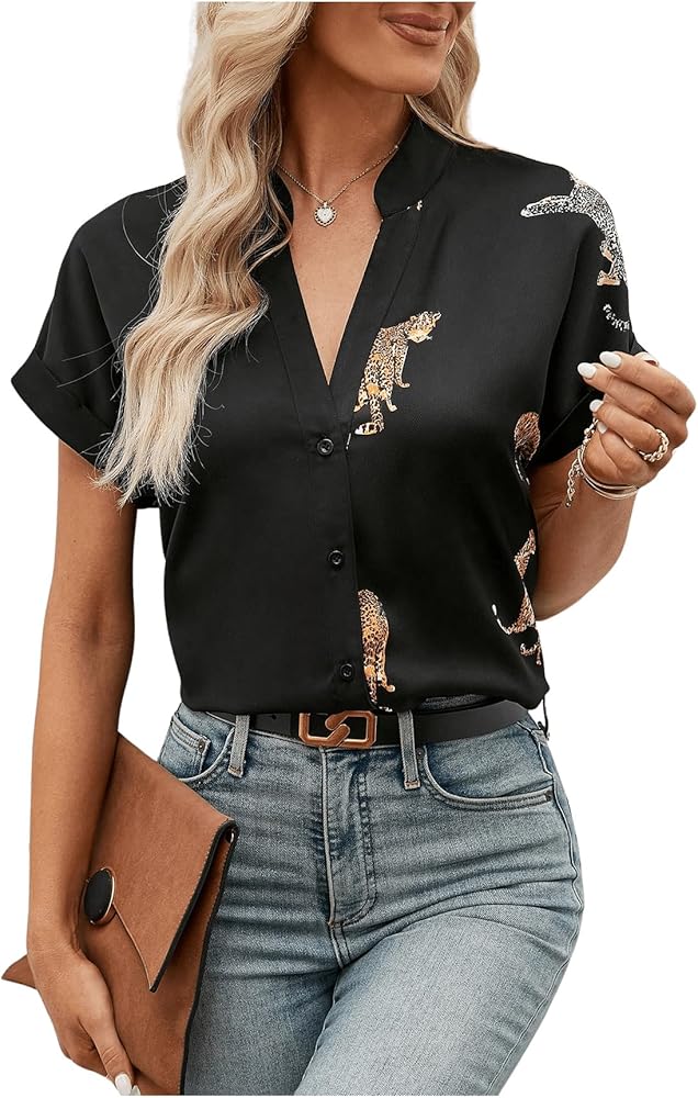 SOLY HUX Women's Button Down Shirt Leopard Print Notched V Neck Short Sleeve Blouse Tops