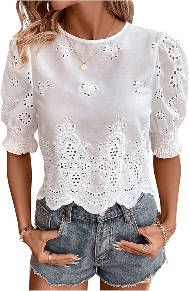 Verdusa Women's Eyelet Embroidery Puff Sleeve Blouse Tops Round Neck Half Sleeve Shirts