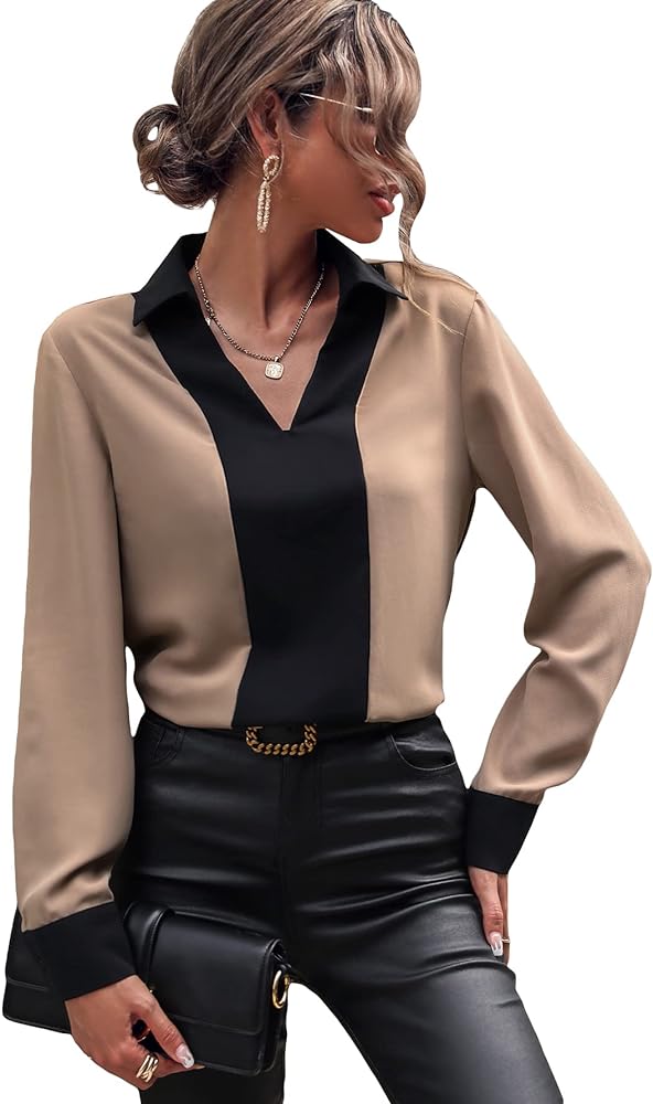 COZYEASE Women's V Neck Dressy Casual Blouses Office Work Summer Top Long Sleeve Shirts Business Formal Wear