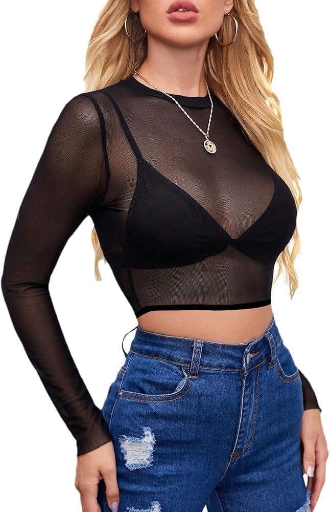 Women's Mesh Long Sleeve Top See Through Shirt Sexy High Crew Neck Sheer Blouse