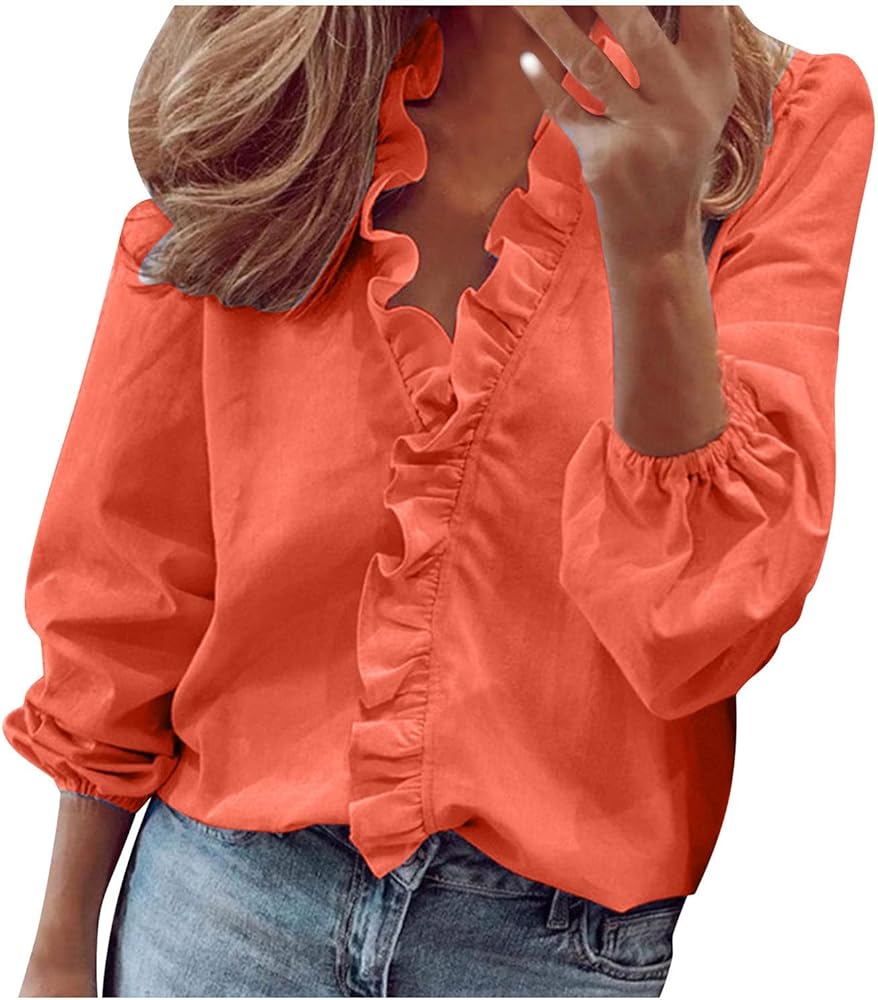 Women's Button Down Blouse Long Sleeve Ruffle Blouse Solid Colour Comfort Shirt Plus Size Dress Shirts