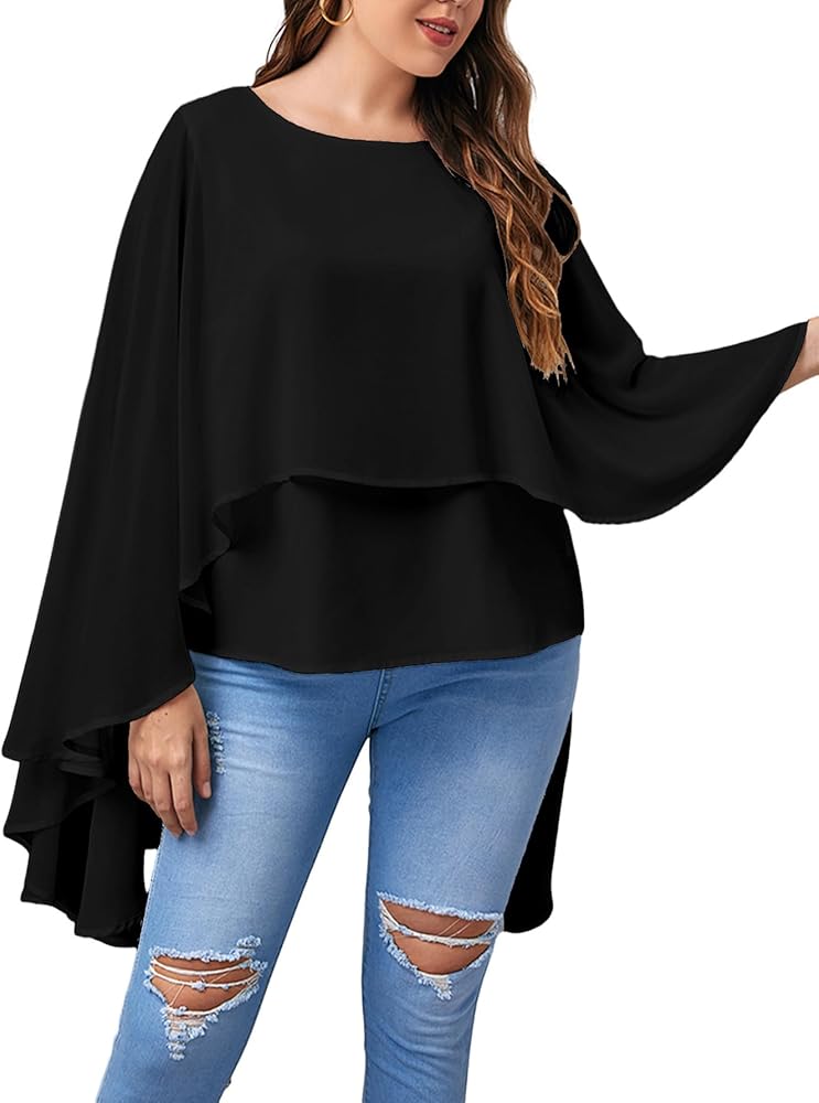 Verdusa Women's Plus Size Cape Sleeve Chiffon Blouse Boat Neck High Low Tunic Top