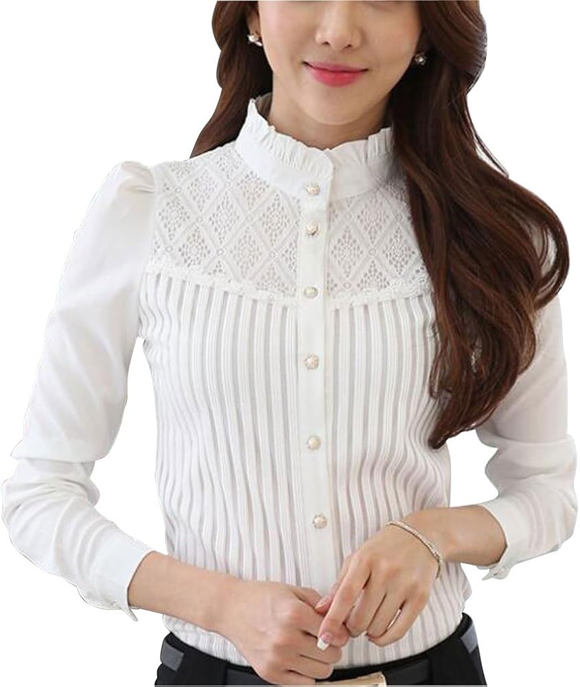 Womens Vintage Victorian Pleated Button Down Shirt Long Sleeve Stretch Blouse