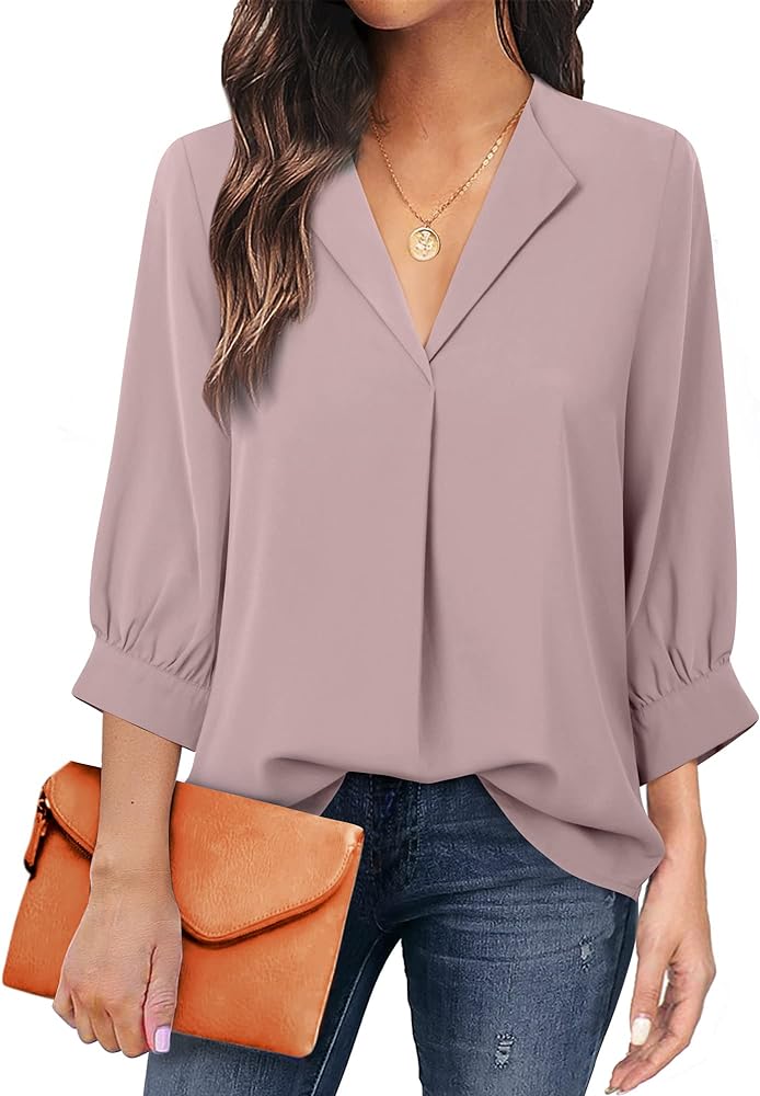 Unixseque Women's Casual Chiffon V Neck 3/4 Sleeve Business Tops Loose Work Blouses