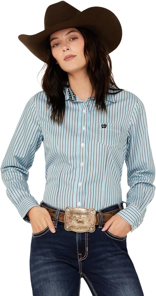 Cinch Womens Blue Stripe Tencel Button Down