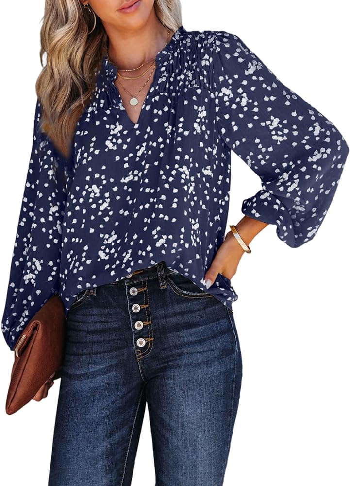 BLENCOT Women's Casual Boho Floral Print Chiffon Blouses Smocked V Neck Long Sleeve Loose Tops Shirts