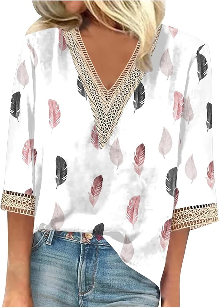 Womens Summer Tops 2024 Women's 3/4 Length Sleeve Shirts V-Neck Lace Trims Print Dressy Casual Tops Blouse Tunic Top