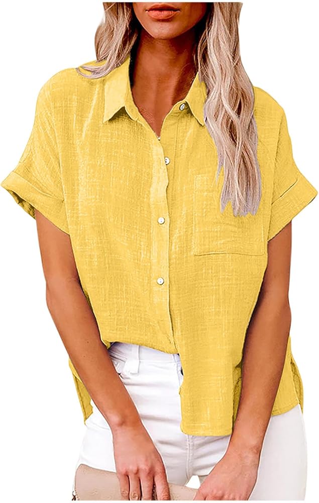 DASAYO Linen Shirts for Women Trendy Short Sleeve Collared Button down Solid Ladies Tops and Blouses Summer Clothes 2024