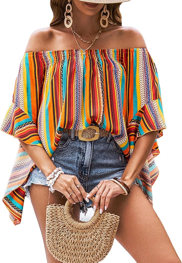 COZYEASE Women's Boho Striped Print Off Shoulder Half Bell Sleeve Blouse Shirts Summer Tops