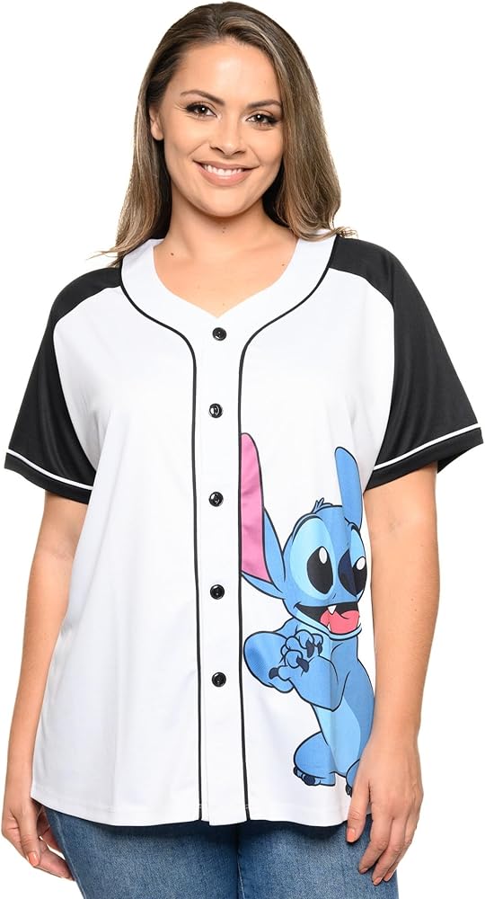 Disney Mickey Mouse Stitch Jack Skellington Womans Jersey Shirt Button Front