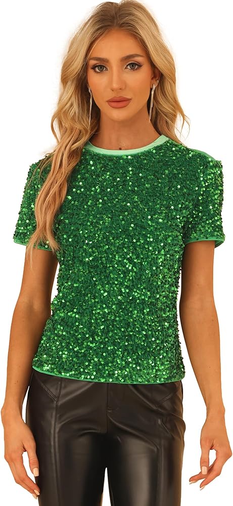 Allegra K Sequin Top for Women's Velvet Crew Neck Short Sleeve Party Clubwear Blouse