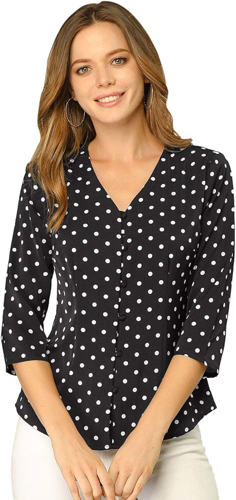 Allegra K Women's Polka Dots 3/4 Sleeve Button Front Vintage Office Blouse Top