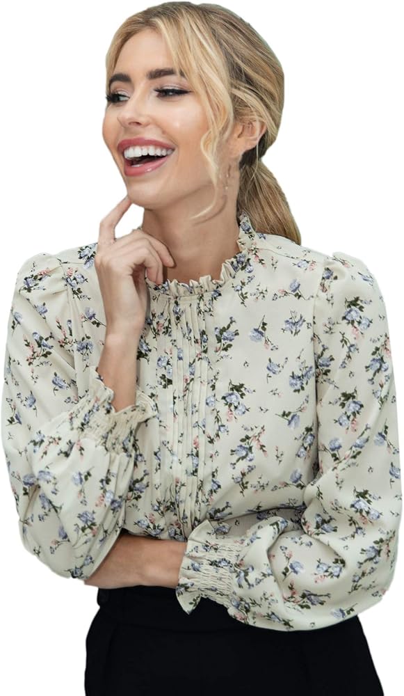 Floerns Women's Floral Print Long Sleeve High Neck Georgette Chiffon Blouse