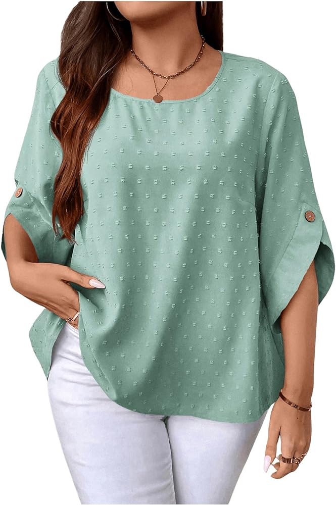 SOLY HUX Women's Plus Size Blouse Swiss Dots 3/4 Sleeve Round Neck Summer Tops