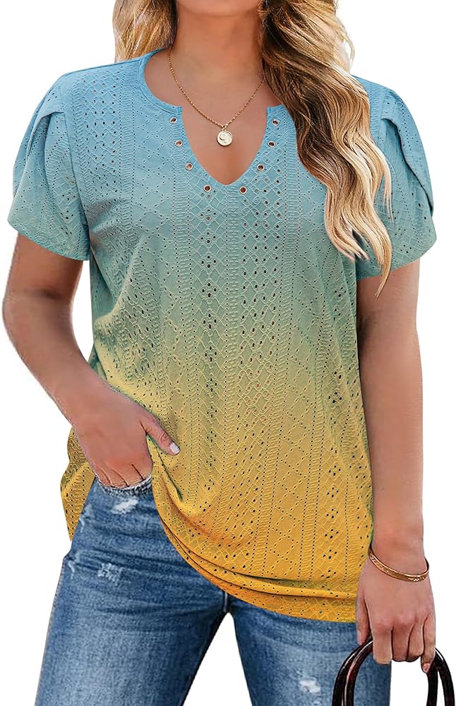 IN'VOLAND Womens Plus Size Summer Tops Casual Country V Neck Hollow Tee Shirts Petal Sleeve Fashion Loose Blouse 2024