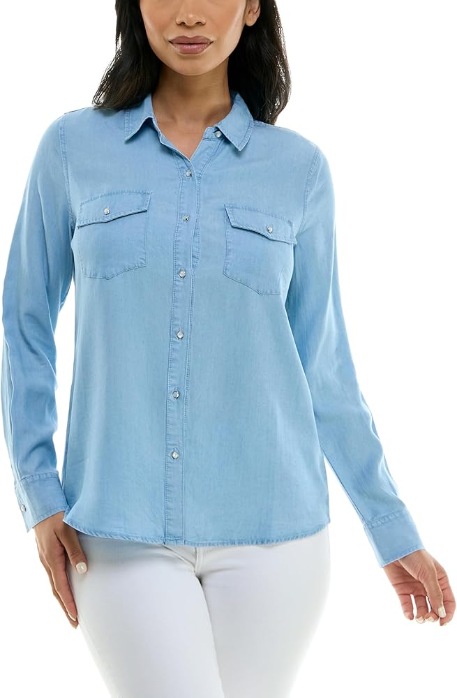 Zac & Rachel Women's Tencel Collared Long Sleeve Shirt with Dual Buttoned Front Pocket Detail