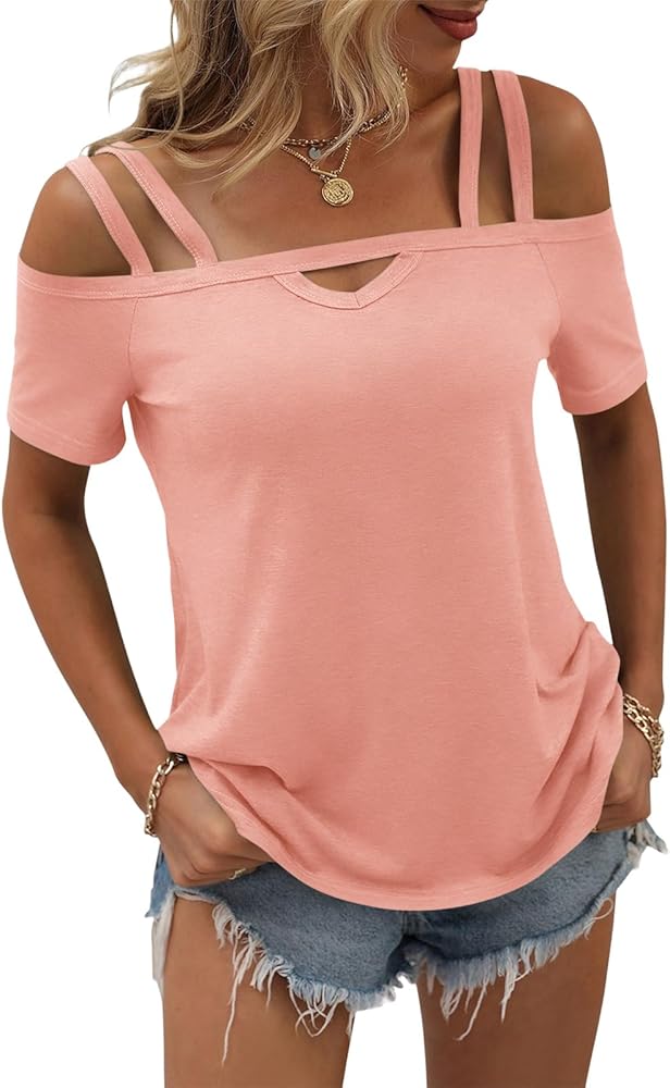 Womens Cold Shoulder Tops for Women Summer Sexy Cut Out Tops Short Sleeve Criss Cross Casual Shirts