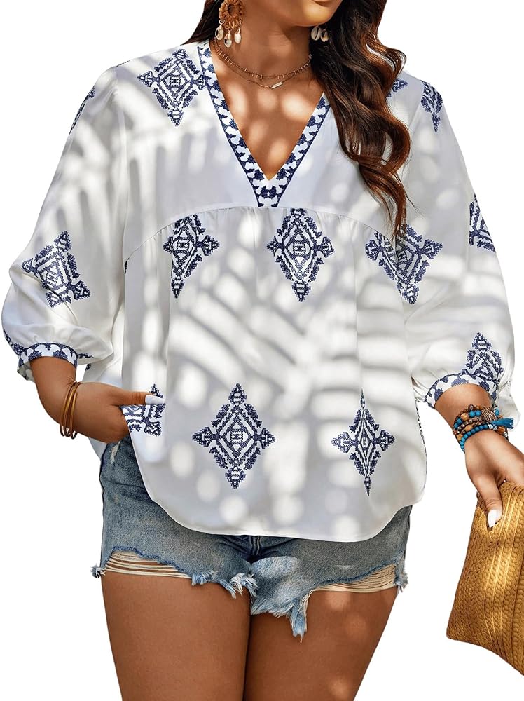 SOLY HUX Women's Plus Size Printed Blouse V Neck 3/4 Sleeve Casual Tops