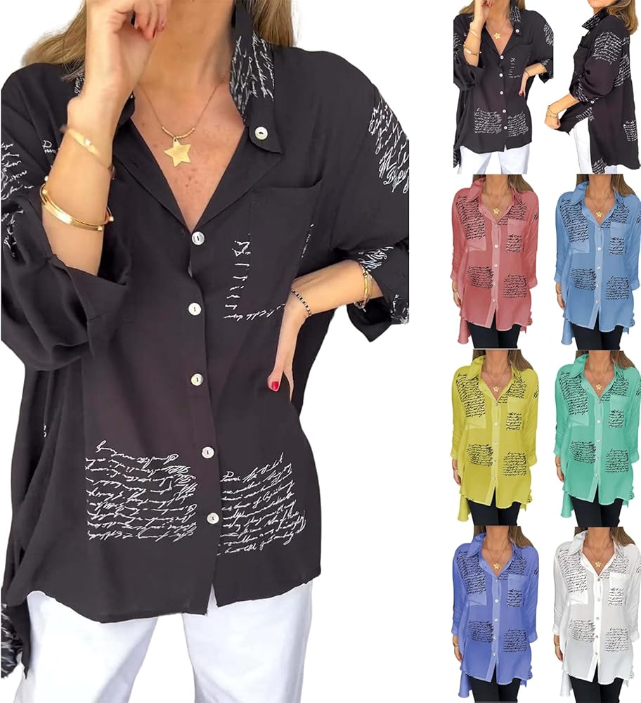 Letter Print Fashion Lapel Shirt, 2024 Spring Newspaper Print Shirt Tops for Women