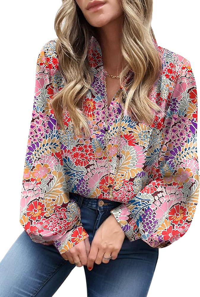 Dokotoo Womens Casual V Neck Boho Abstract Print Lantern Long Sleeve Tops Chiffon Blouses Bohemian Shirts