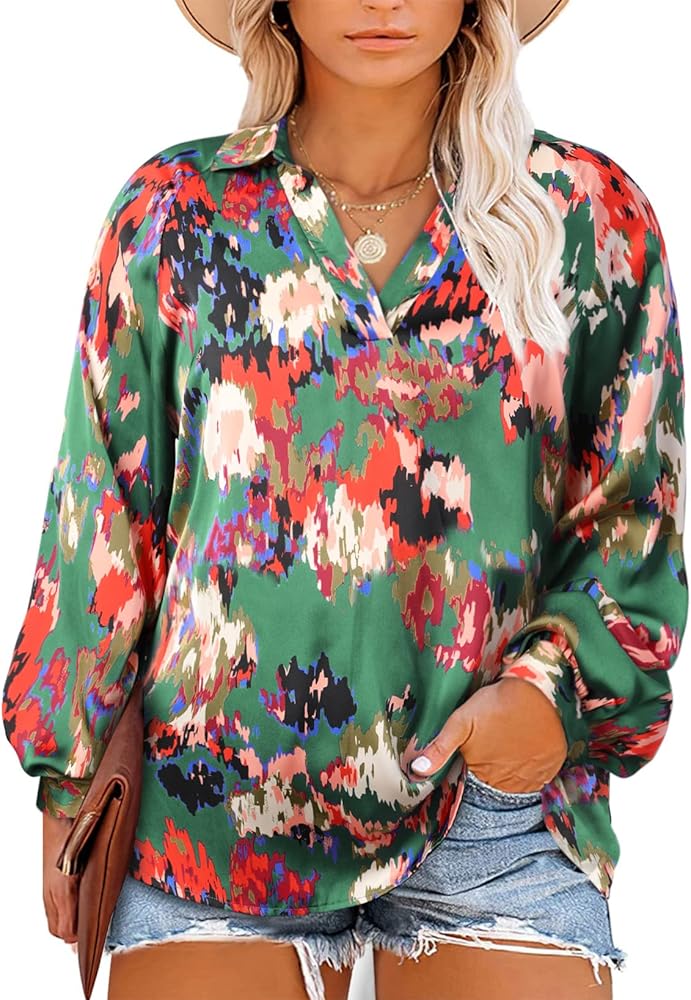 Eytino Women Plus Size Tops Boho Floral Printed Casual V Neck Long Sleeve Drawstring Blouses Shirts(1X-5X)