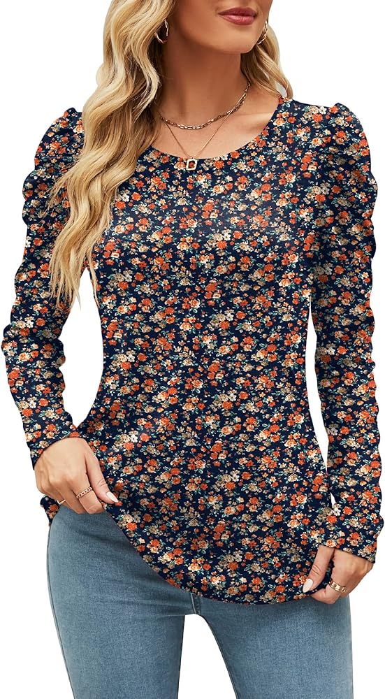 Ivicoer Women's Puff Sleeve Crew Neck Tunic Tops Casual Cute Loose Fit T Shirts Soft Work Floral Print Blouses S-XXL