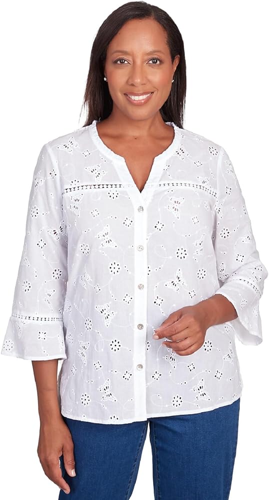 Alfred Dunner Women's in Full Bloom Butterfly Eyelet Button Front Shirt