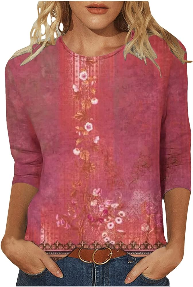 Ceboyel 3/4 Sleeve Tops for Women Summer Floral Paisley Print Tees Shirts Trendy Ladies Blouses Dressy Casual Clothing 2023